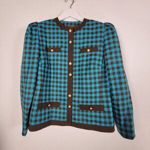 Vintage Kuhn Womens Plaid Jacket 42 Turquoise Brown Button-Up Blazer Gold Button